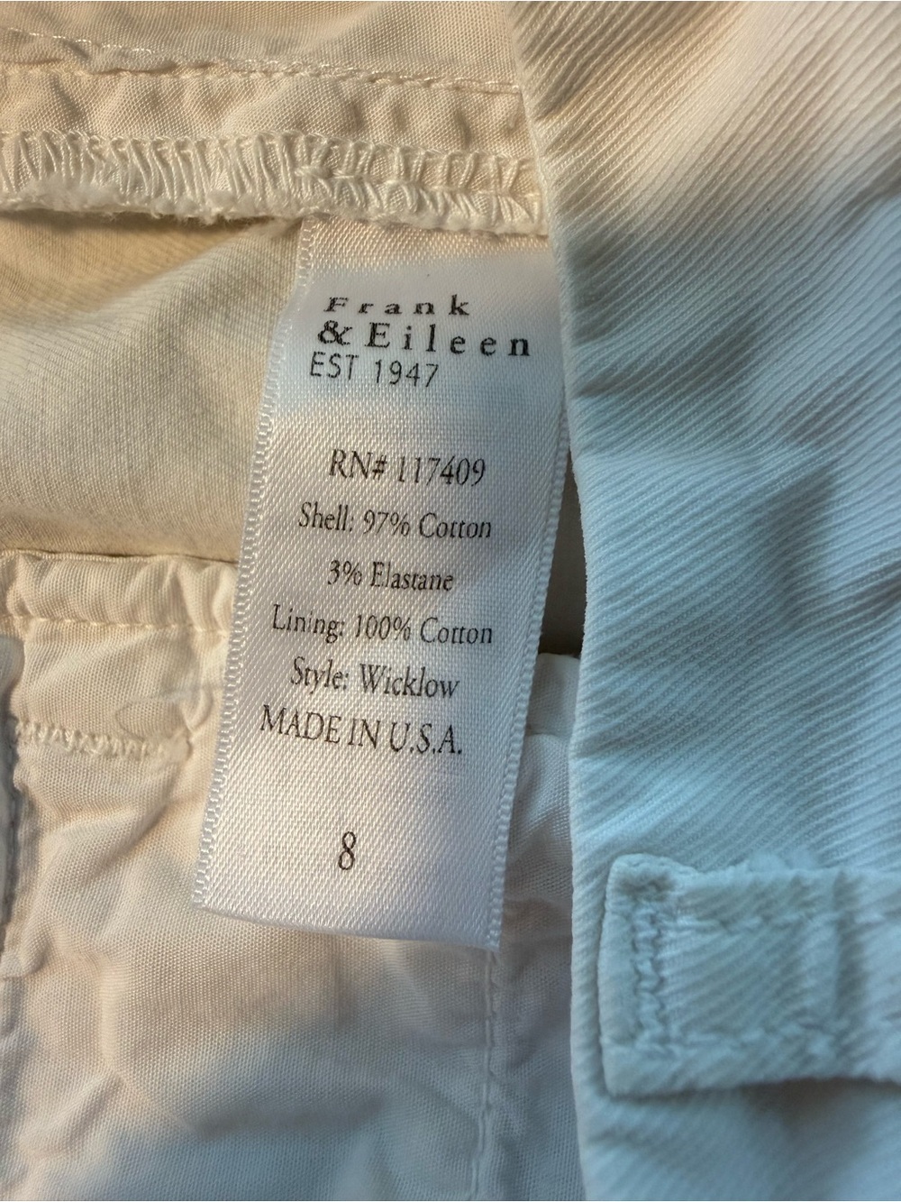 Frank & Eileen Wicklow Italian Chino Pants Size 8 White Cropped Raw Hem - Picture 2 of 10